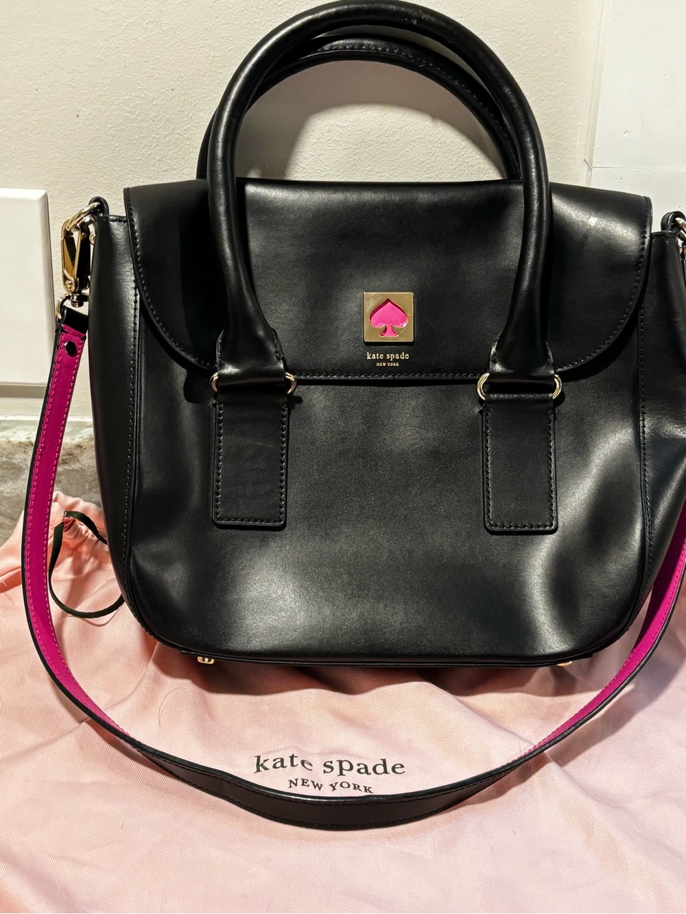 Kate Spade Make it Mine Black Leather Satchel with Pink-Trim Strap - Picture 3 of 8